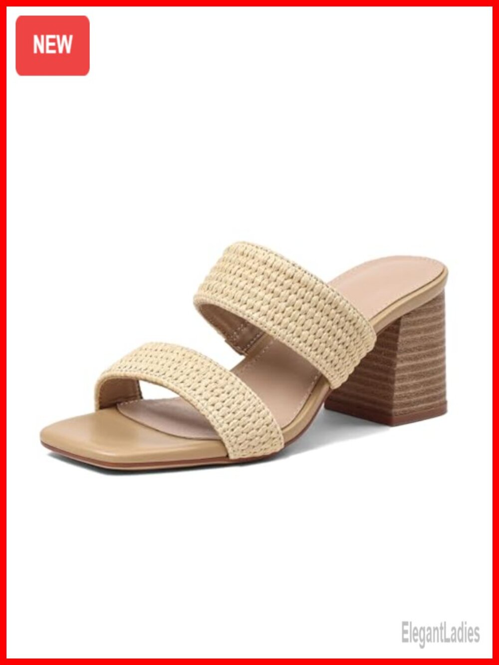 Heeled Sandals for Women Raffia Chunky Block Heels Square Open Toe Dressy Slip
